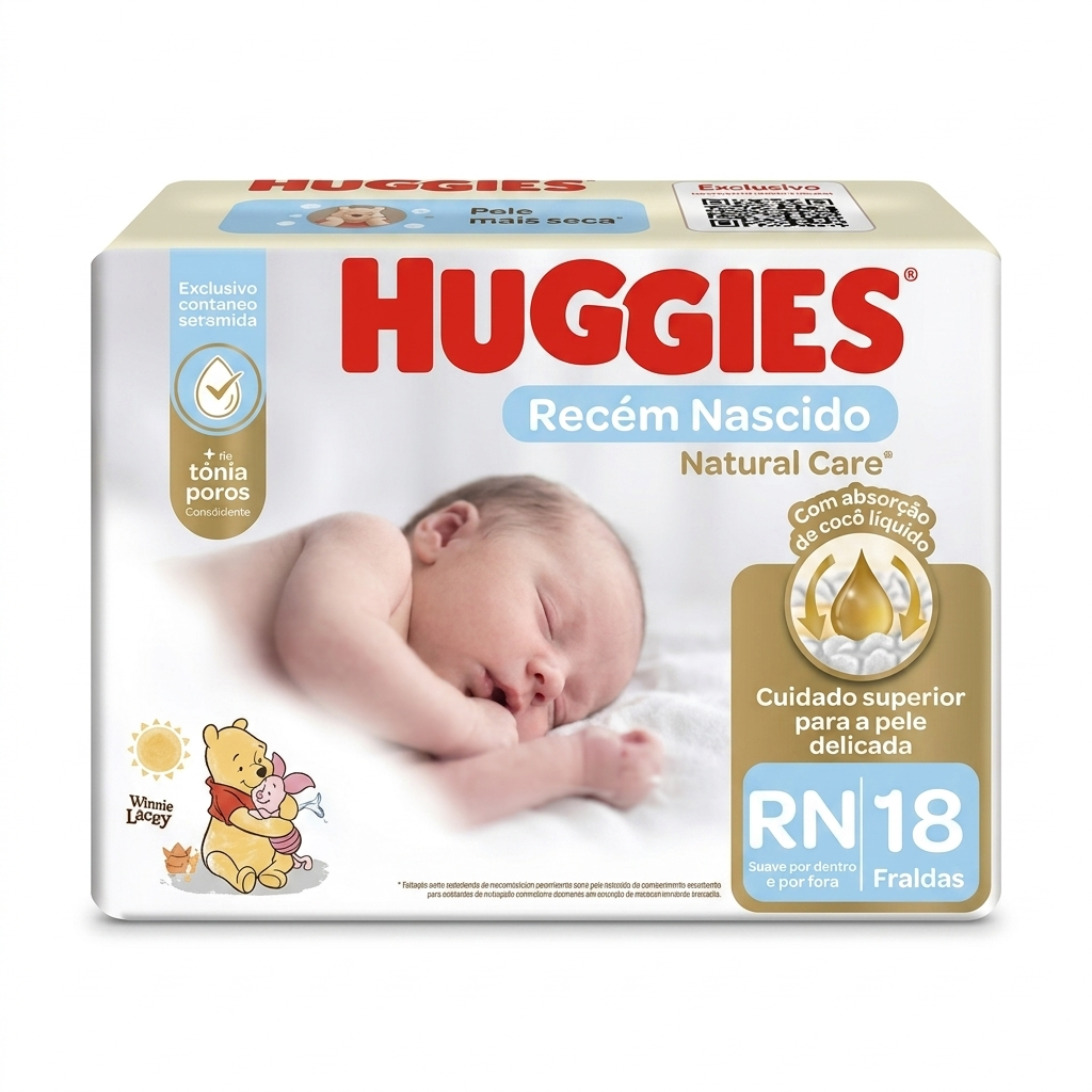Fotografia em alta resolução de um pacote de fraldas Huggies Natural Care tamanho Recém-Nascido RN de 18 unidades.