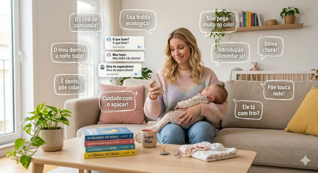 Mãe sentada no sofá com bebê no colo olhando para o celular com expressão divertida em sala iluminada.