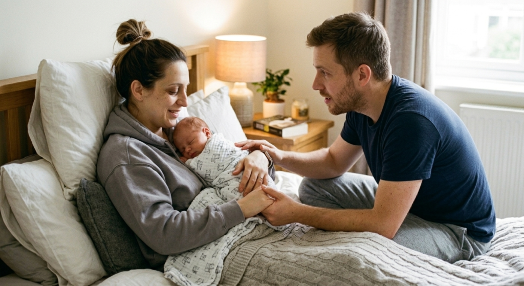 casal-conversando-no-puerperio-dialogo.jpg Casal sentado na cama do quarto conversando de forma próxima e carinhosa, com o homem segurando a mão da esposa em sinal de apoio no pós-parto.