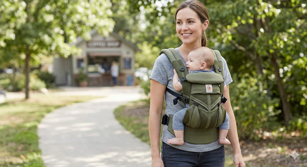 mochila-ergonomica-estruturada-bebe.jpg Uma mochila ergonômica estruturada cinza e bege para carregar bebês, exibida de forma detalhada em cima de um móvel com alças acolchoadas, fivelas ajustáveis e cinturão de suporte lombar.