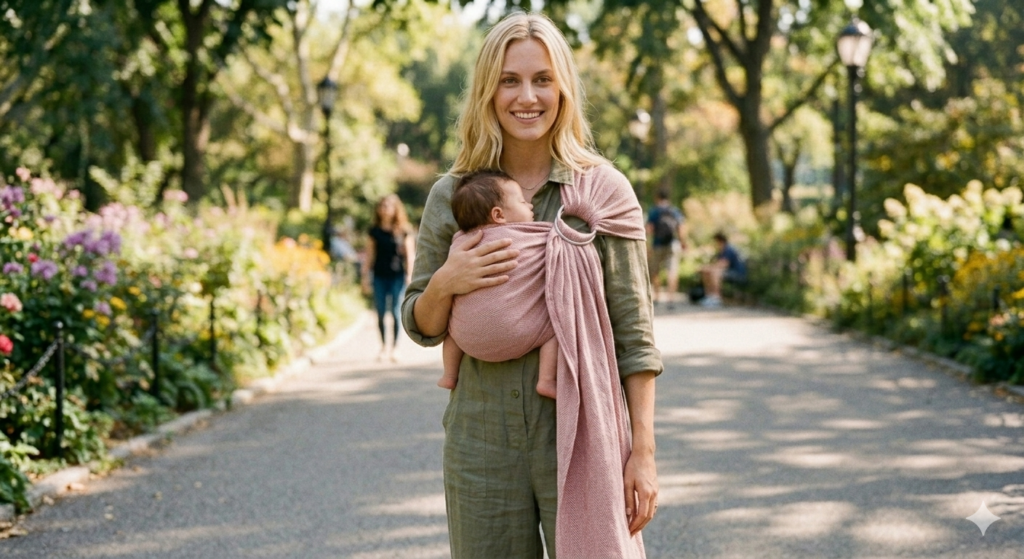 Mãe loira alta e sorridente caminhando em um parque ensolarado, carregando seu bebê recém-nascido adormecido em um sling de argolas rosa de tecido macio.