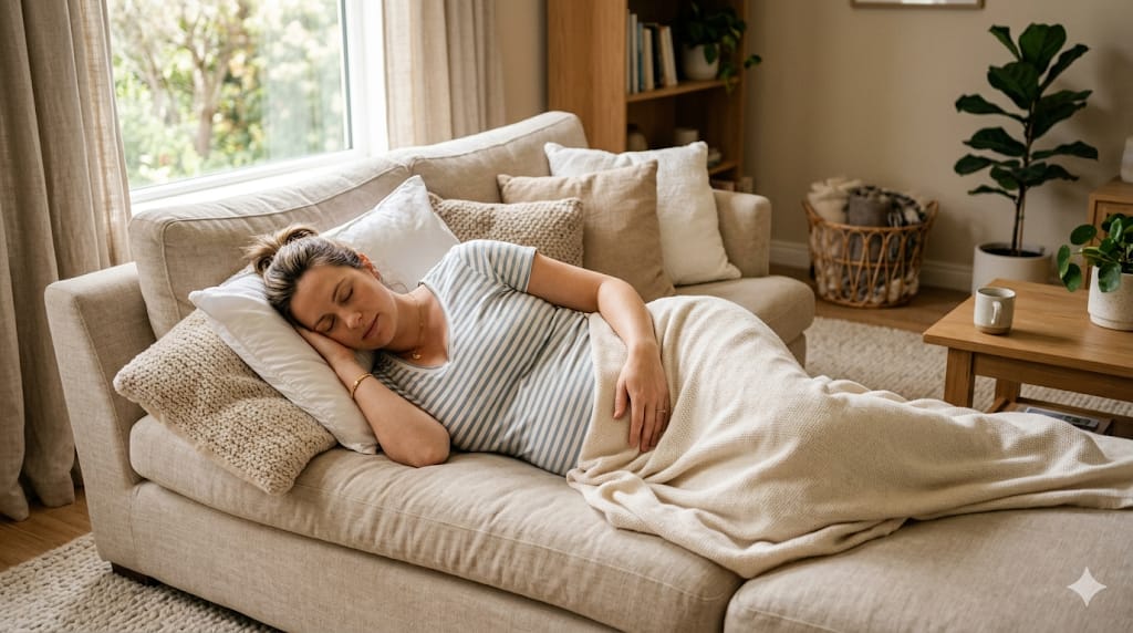 importancia-do-repouso-para-diminuir-enjoo.jpg Mulher grávida descansando e dormindo de forma confortável no sofá da sala durante o dia.