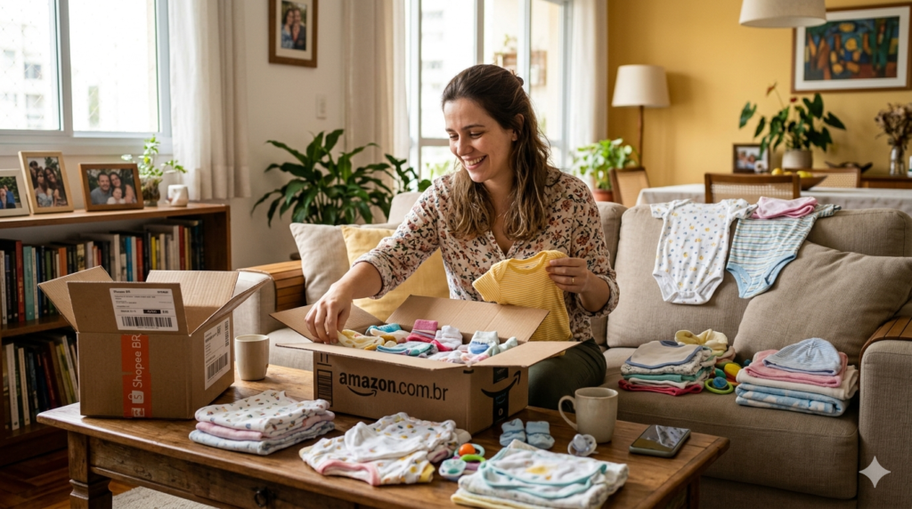 Mãe sorridente abrindo caixas de entregas da Amazon e Shopee na mesa de centro da sala, organizando roupinhas e bodies de bebê coloridos sobre o sofá.