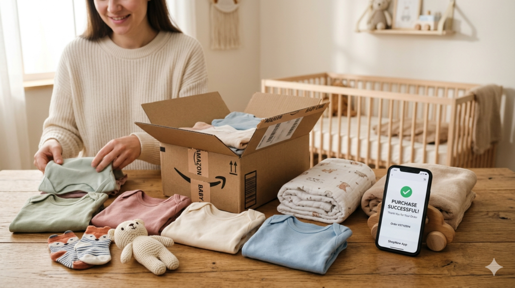Caixa de papelão aberta sobre uma mesa de madeira clara, cercada por itens de enxoval de bebê em tons pastéis como bodies, meias e um urso de pelúcia, ao lado de um smartphone com tela de compra concluída.