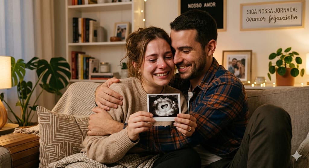primeiro-ultrassom-primeiro-trimestre-gravidez.jpg Mulher grávida sorrindo e chorando de emoção ao segurar a foto do primeiro exame de ultrassom do bebê perto do peito.