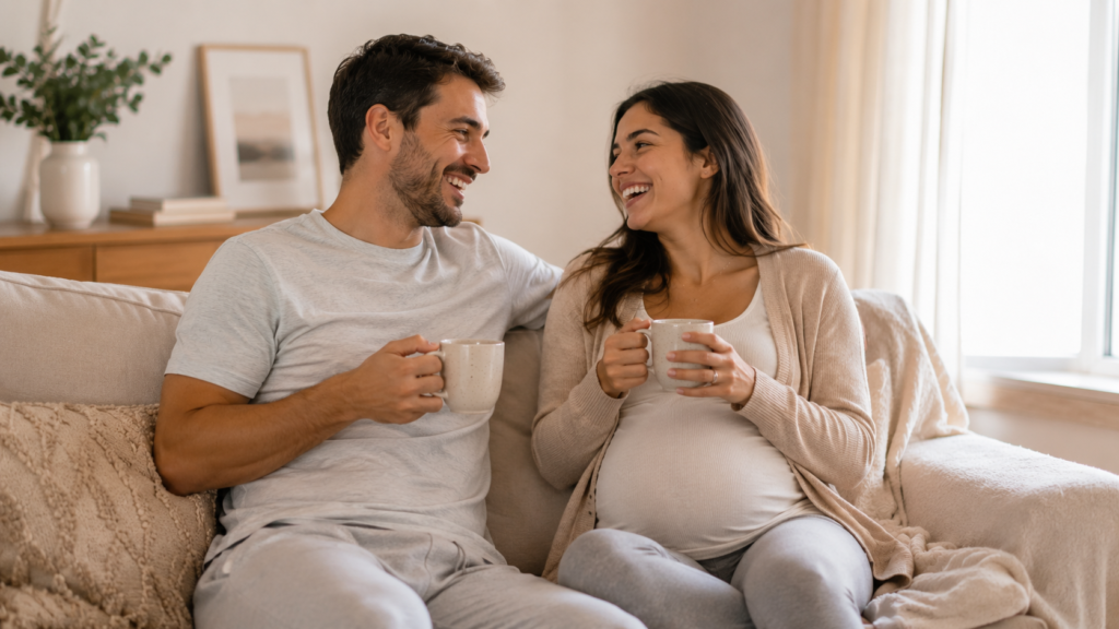 relacionamento-e-intimidade-na-gravidez.jpg Casal sorrindo e conversando abraçado no sofá da sala segurando canecas, com foco na cumplicidade.
