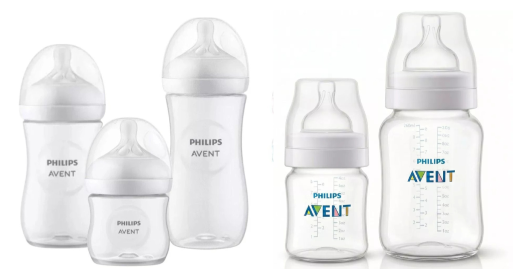 Montagem de capa mostrando o comparativo entre três mamadeiras Philips Avent da linha Pétala e duas mamadeiras da linha Anti-Colic lado a lado.