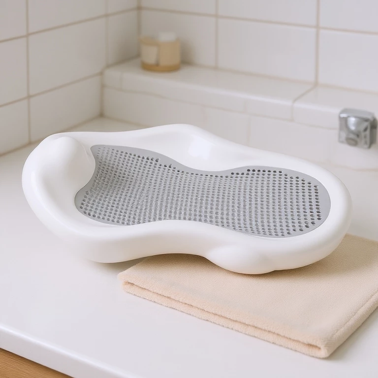 Assento de banho ergonômico para bebê em formato de concha deitado sobre uma bancada branca ao lado de uma toalha bege dobrada. O suporte tem bordas grossas de plástico branco e uma área central côncava de borracha cinza com muitos furos pequenos. Ao fundo, vê-se uma parede de azulejos brancos de banheiro.
