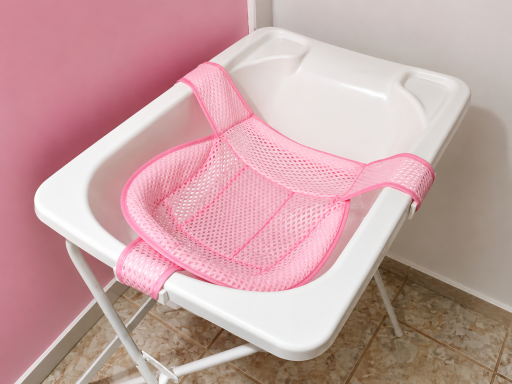 Vista superior de uma rede de proteção para banheira de bebê na cor rosa, feita de tecido perfurado tipo mesh com bordas acolchoadas. A rede está estendida e fixada por três alças com ganchos plásticos nas bordas externas de uma banheira de plástico branca. A banheira está montada sobre um suporte metálico com pernas cruzadas, posicionada em um canto com parede rosa e piso cerâmico claro.