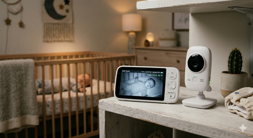 Babá eletrônica branca com câmera de vídeo em uma prateleira de madeira ao lado de um monitor portátil digital que mostra um bebê dormindo no berço em visão noturna infravermelha. Ao fundo, um quarto de bebê aconchegante e iluminado.