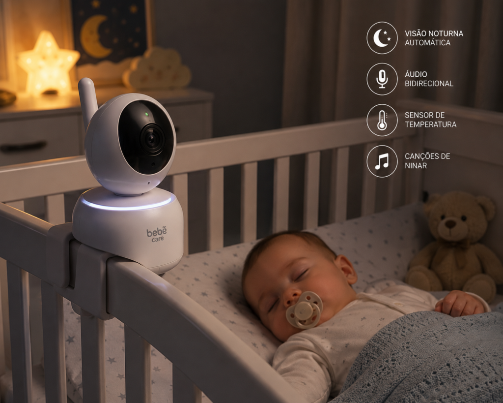 baba-electronica-com-camera-no-berco.jpg (2) Babá eletrônica branca da marca Bebê Care fixada na grade de madeira de um berço onde um bebê dorme com chupeta. No canto superior direito, quatro ícones detalham as funções: Visão Noturna Automática, Áudio Bidirecional, Sensor de Temperatura e Canções de Ninar.