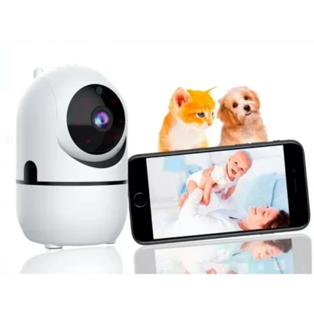 baba-eletronica-wifi Câmera de segurança robô branca ao lado de um smartphone que exibe a imagem de uma mãe com seu bebê. Ao fundo, ilustrações de um filhote de gato e um cachorro indicando o monitoramento de pets.