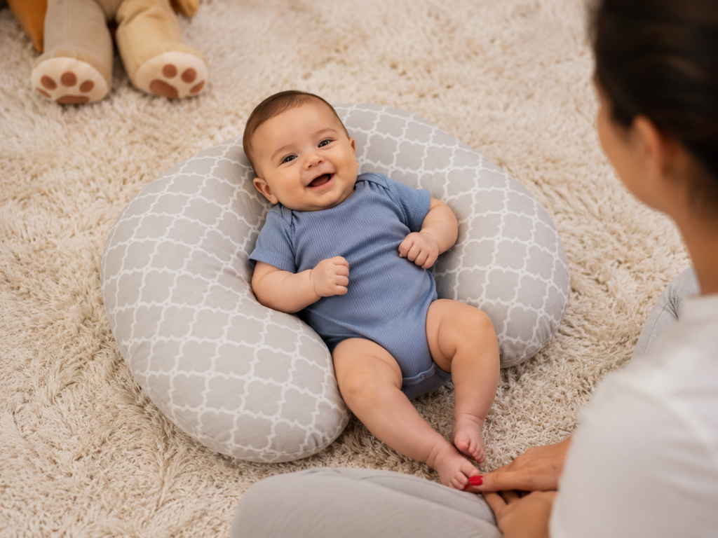 bebe-apoiado-na-almofada-de-amamentacao-seguranca.jpg Bebê de três meses sorrindo deitado