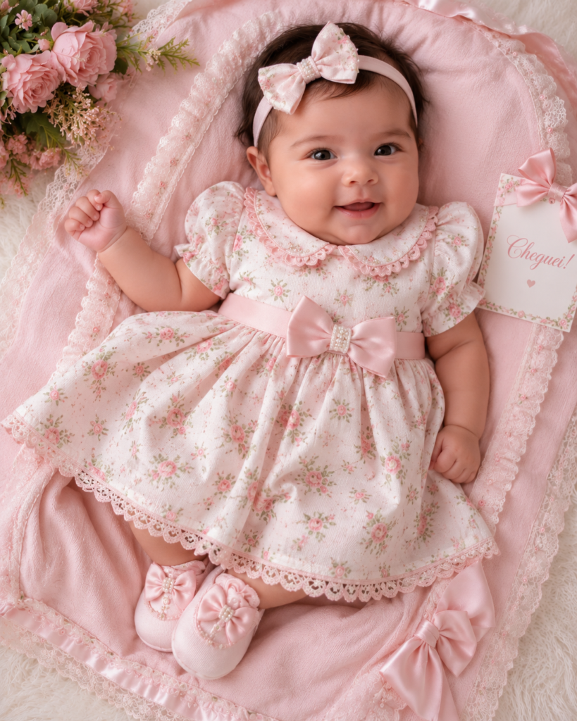 Imagem de destaque para post de blog mostrando uma bebê recém-nascida sorrindo, vestindo saída de maternidade com vestido floral rosa, tiara de laço, sapatinhos de cetim e deitada sobre uma manta rosa com placa escrito Cheguei.