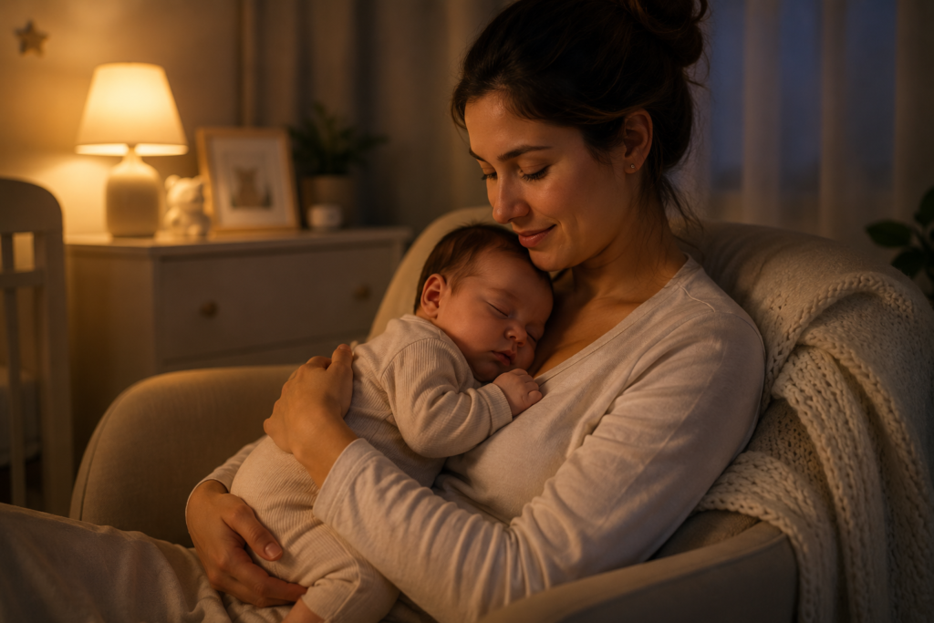 Mãe segurando um bebê recém-nascido dormindo tranquilamente no colo em um quarto com iluminação acolhedora e suave.