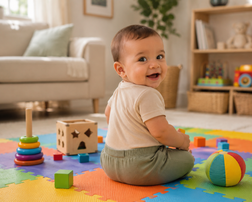 bebe-sentado-tapete-atividades.jpg Bebê sorridente sentado sozinho em tapete de atividades infantil com brinquedos ao redor.