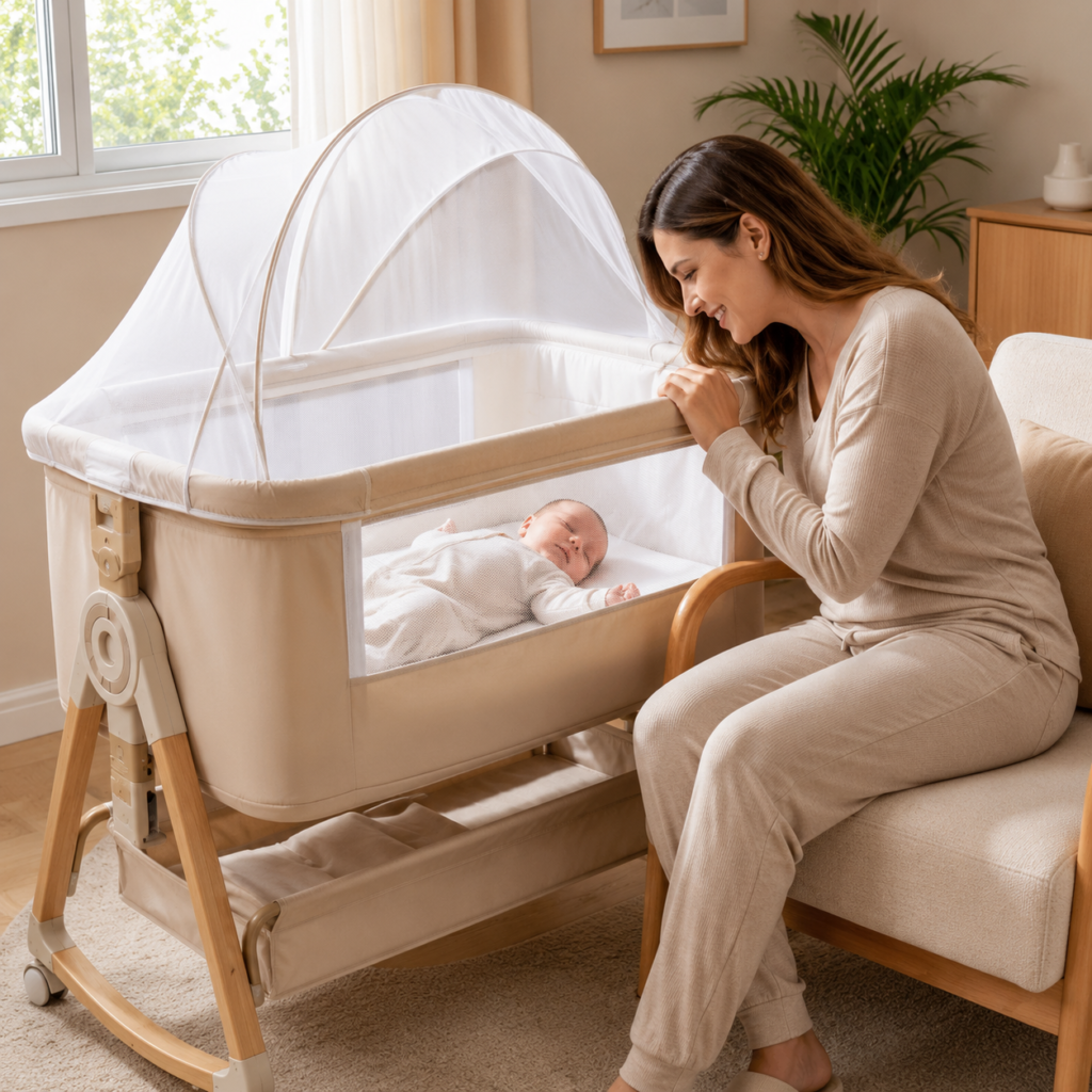 berço-moises-portatil Mãe sentada em uma poltrona sorrindo e observando seu bebê recém-nascido dormindo dentro de um berço moisés portátil bege, que possui laterais em tela transparente, estrutura de madeira com função balanço e uma cobertura de mosquiteiro em formato de arco.