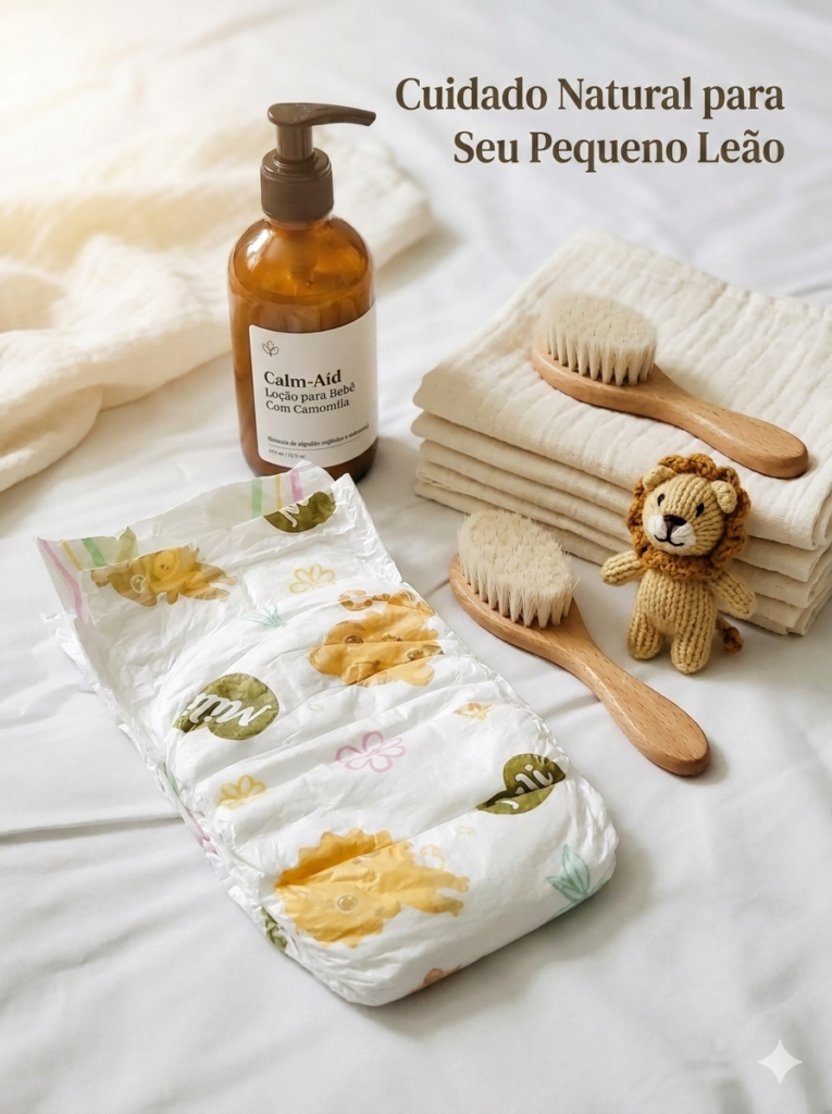 Fralda aberta com estampa de leãozinho ao lado de itens de higiene de bebê e uma escova de madeira sobre lençol branco.