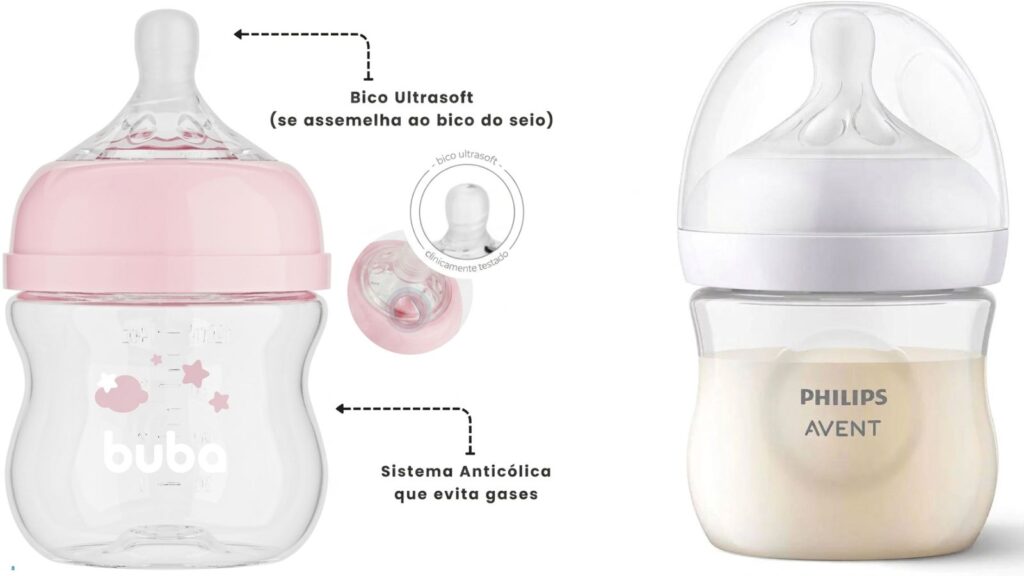 comparativo-mamadeiras-anticólicas-jpg (1) Imagem comparativa em fundo branco com duas mamadeiras lado a lado. À esquerda, a mamadeira Buba Easy Flow na cor rosa, acompanhada de setas indicativas com os textos "Bico Ultrasoft (se assemelha ao bico do seio)" e "Sistema Anticólica que evita gases". À direita, a mamadeira Philips Avent Pétala na cor branca, exibindo formato ergonômico semelhante.