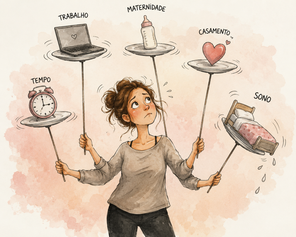 conciliar-maternidade-carreira-burnout-materno.jpg Ilustração em estilo aquarela de uma mãe exausta equilibrando pratinhos em hastes. Os pratos são rotulados como "Trabalho" com um notebook, "Maternidade" com uma mamadeira, "Casamento" com um coração, "Tempo" com um despertador e o prato do "Sono" com uma cama está caindo. Representação visual sobre como conciliar maternidade e carreira sem ter um burnout.