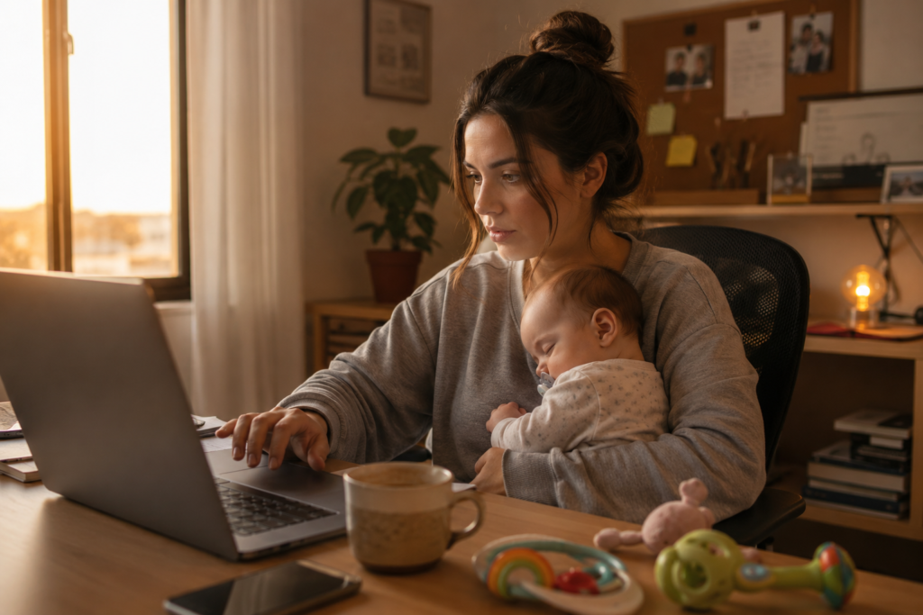 Mãe trabalhando em home office com notebook enquanto segura seu bebê no colo, representando os desafios de conciliar maternidade e carreira.
