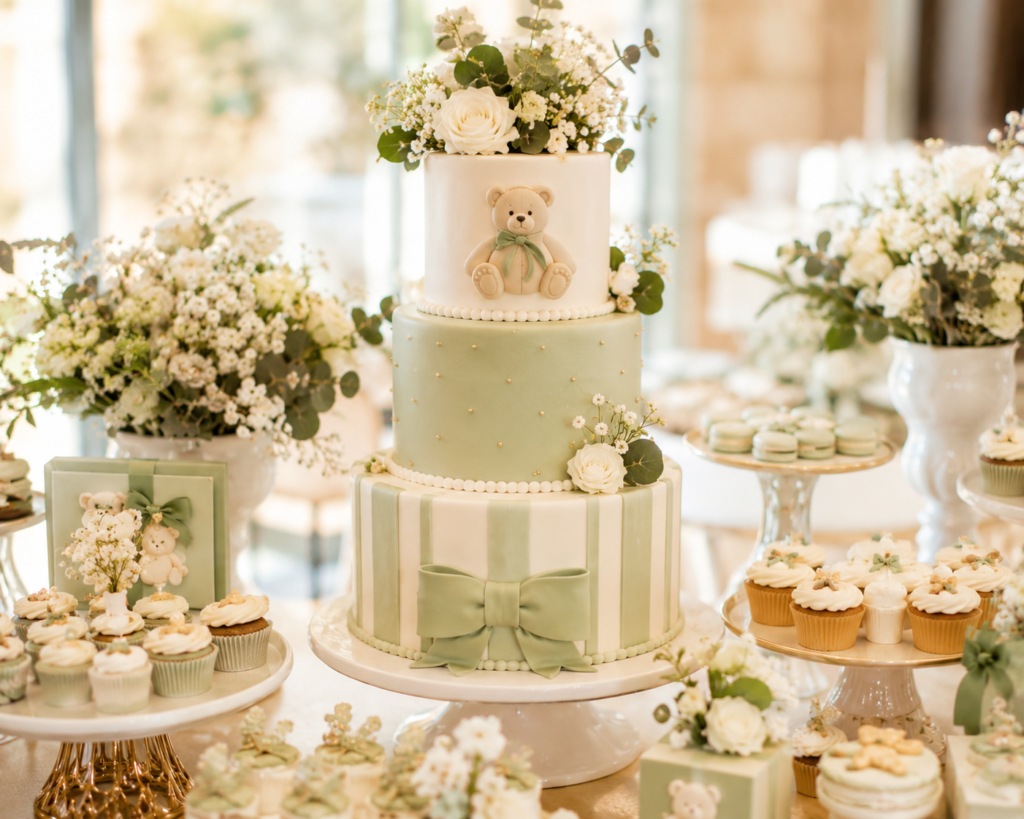 Close-up de uma mesa de doces decorada para chá de bebê, mostrando um bolo elegante, cupcakes e arranjos de flores em tons de verde-oliva e creme.