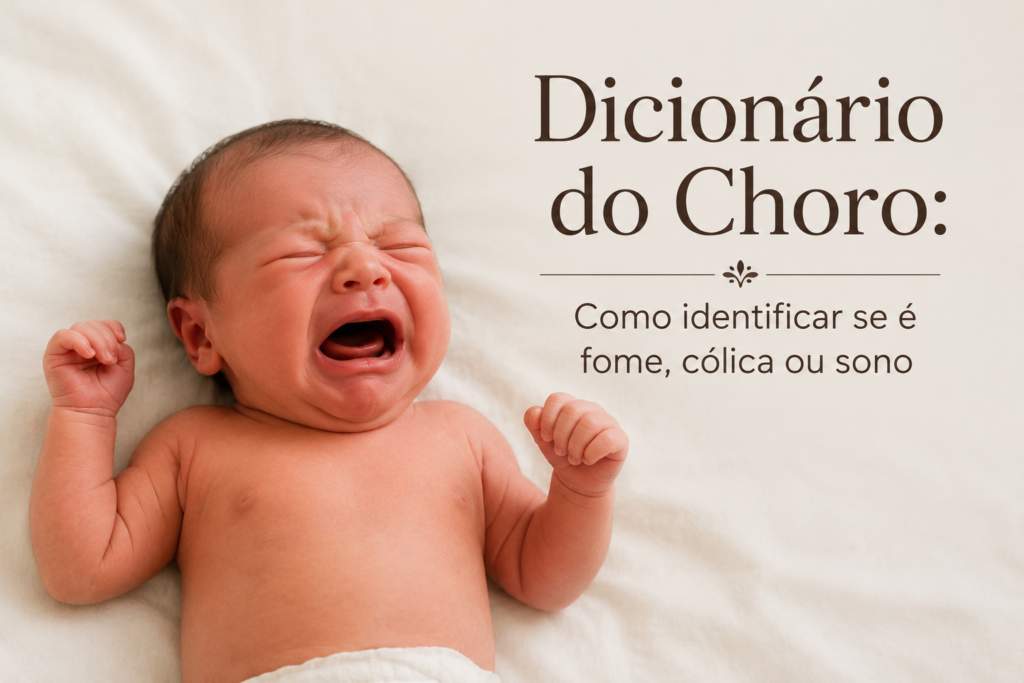 Recém-nascido chorando deitado em um berço com lençol claro, ilustrando a capa do artigo sobre como identificar choro de fome, cólica e sono.