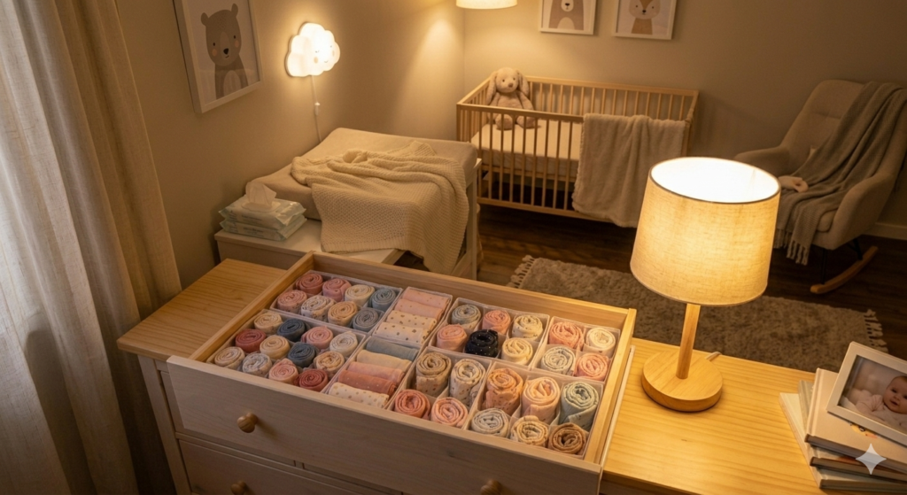  Trocador de bebê iluminado por abajur com luz amarela suave para trocas noturnas confortáveis.