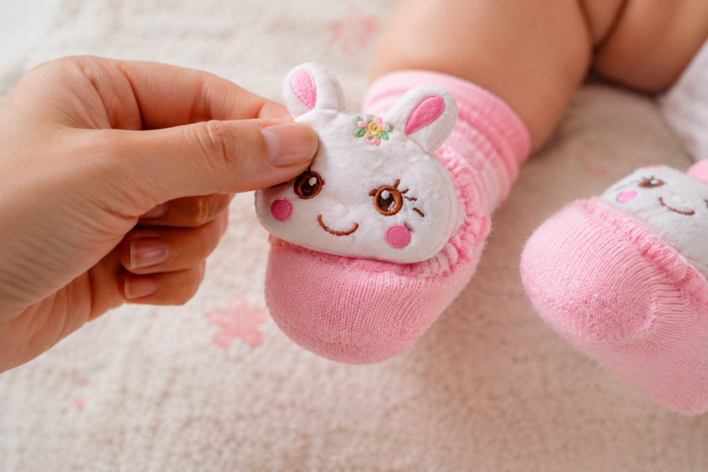 Mão puxando o aplique de pelúcia de uma meia infantil para testar a costura.
