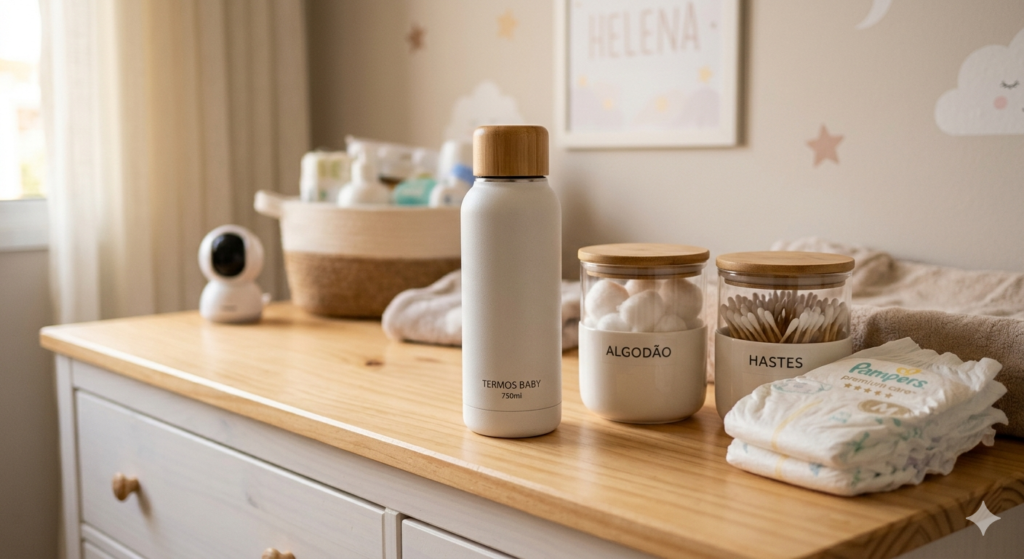 Detalhe de kit higiene de bebê com garrafa térmica branca, pote de algodão e fraldas organizadas sobre a cômoda.
