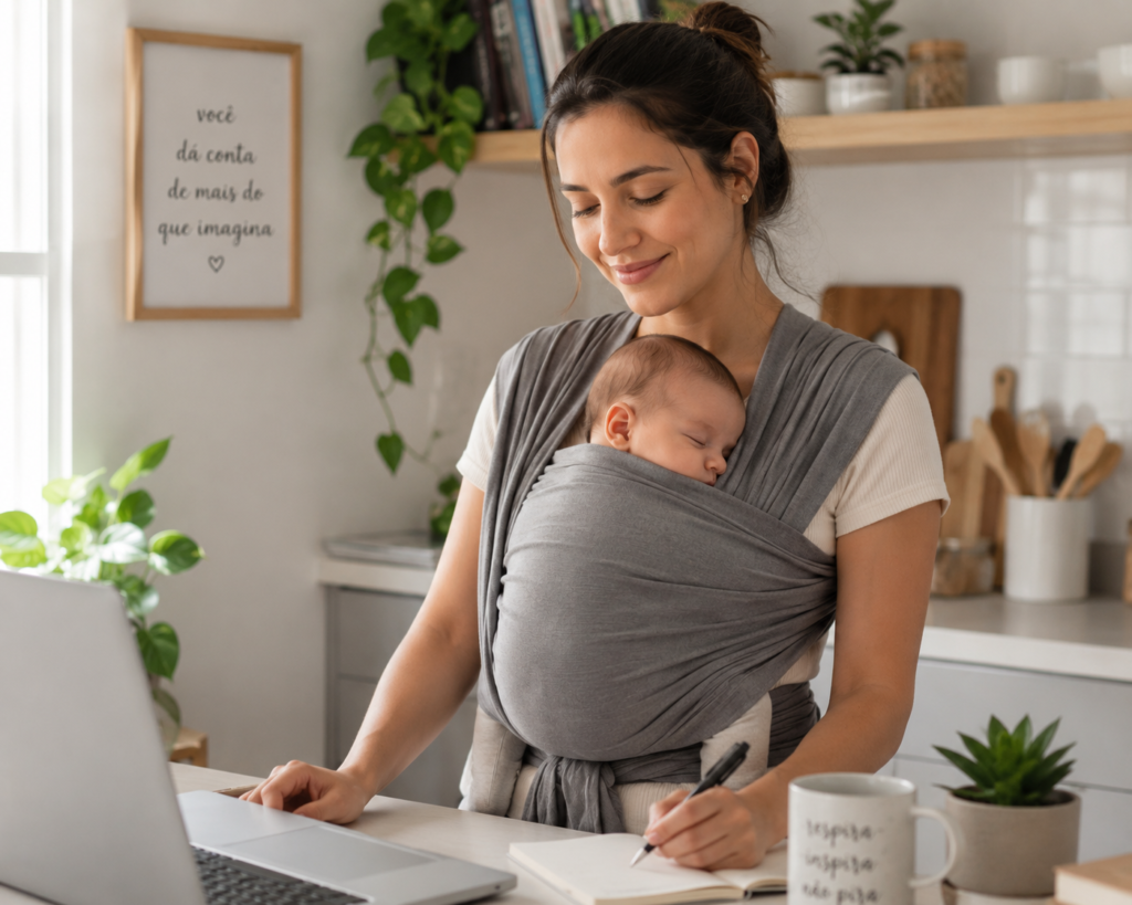 mae-usando-sling-ergonomico.jpg Mulher de perfil utilizando sling de tecido com bebê adormecido e braços livres.