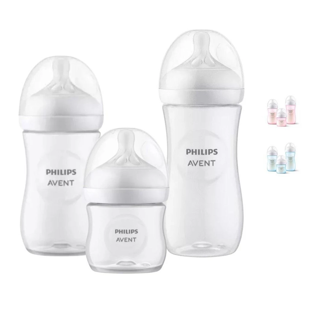 mamadeira-philip-avent-kit-jpg Três mamadeiras transparentes da linha Philips Avent Pétala em tamanhos diferentes (125ml, 260ml e 330ml) com bico que simula o seio materno.