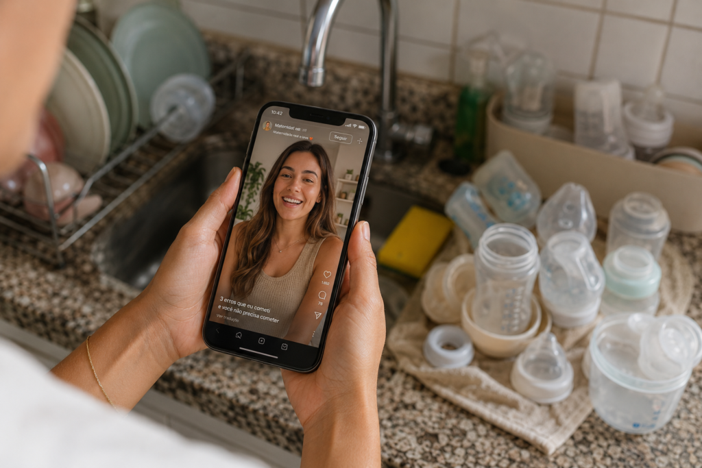 maternidade-real-desabafo-sobrecarga.jpg Mão de uma mulher segurando um celular que exibe uma foto perfeita de maternidade idealizada. Ao fundo, a realidade mostra uma pia de cozinha cheia de louças e mamadeiras para lavar, ilustrando o contraste do maternidade real desabafo contra as redes sociais.