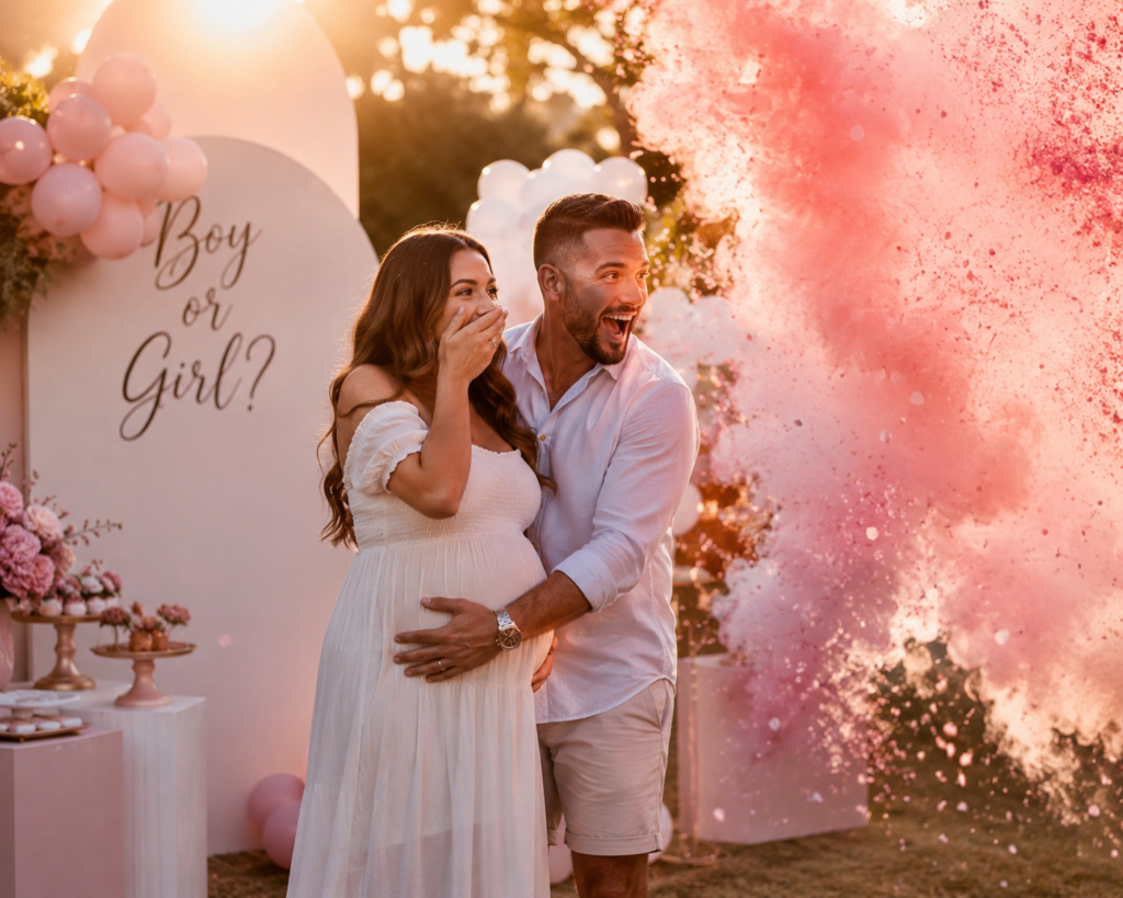 Casal grávido sorrindo e se abraçando ao ar livre durante o pôr do sol, cercado por uma nuvem de fumaça colorida em um chá revelação.