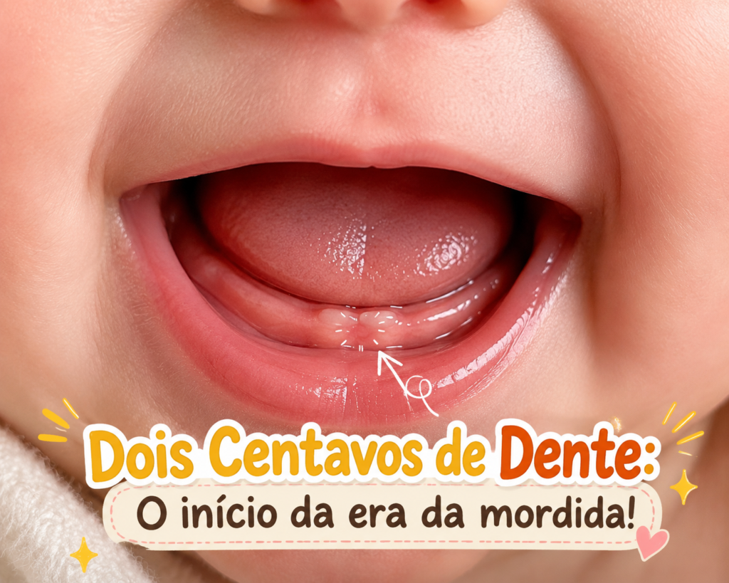 Boca de um bebê em close com a pontinha branca do primeiro dente.