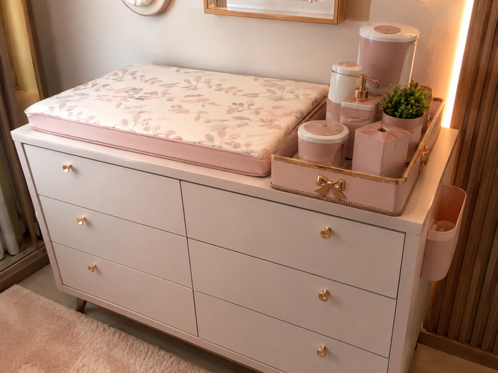 Cômoda de bebê branca com trocador americano de espuma e kit higiene organizado no topo em quarto infantil iluminado.