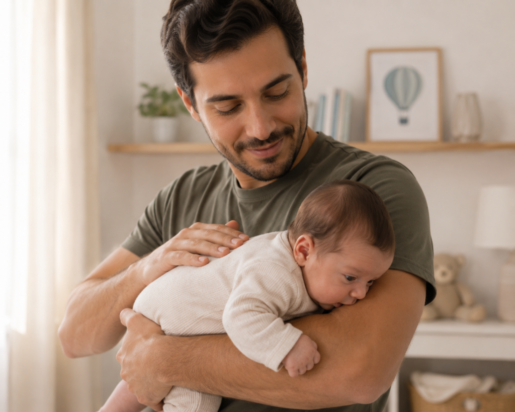 pai-segurando-bebe-com-colica.jpg Pai segurando bebê de bruços no braço para aliviar dores de cólica e gases.