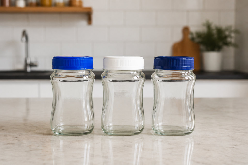 Três potes de vidro de café solúvel com tampas plásticas limpos e esterilizados para armazenar leite materno.