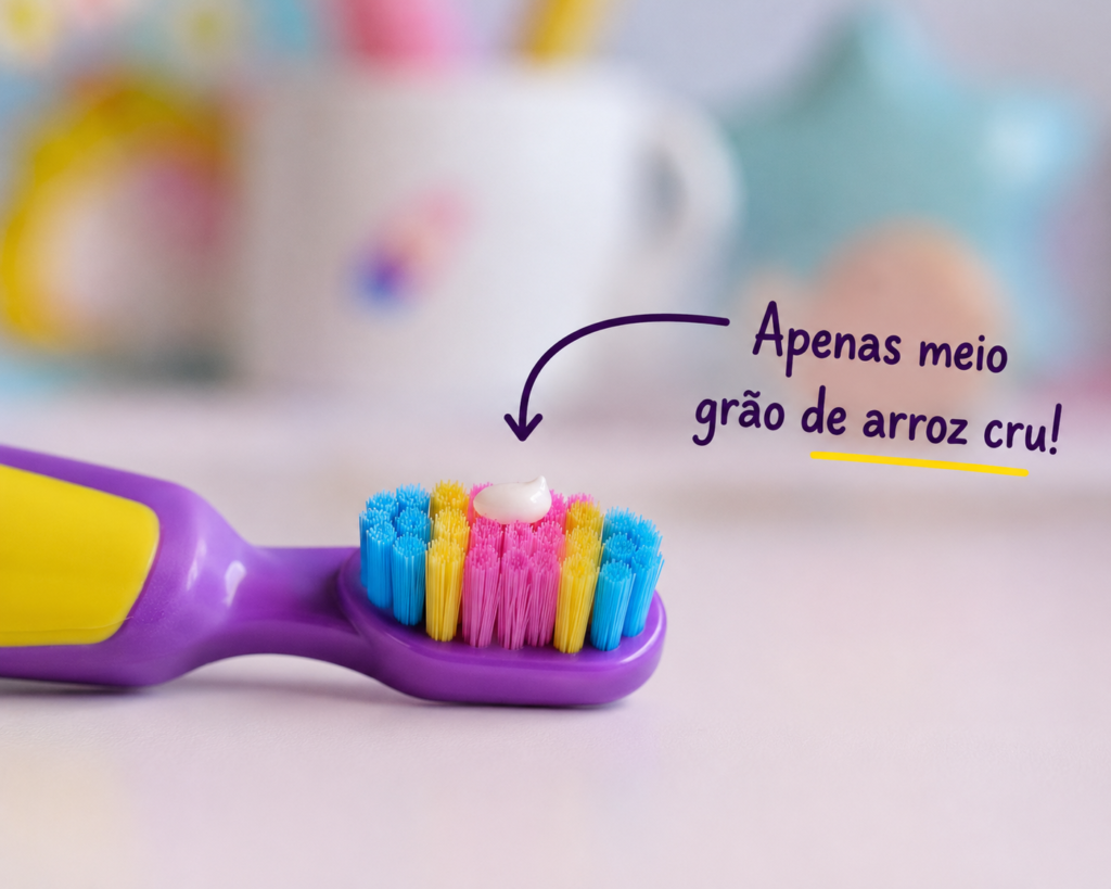 Escova de dente infantil com porção mínima de creme dental.