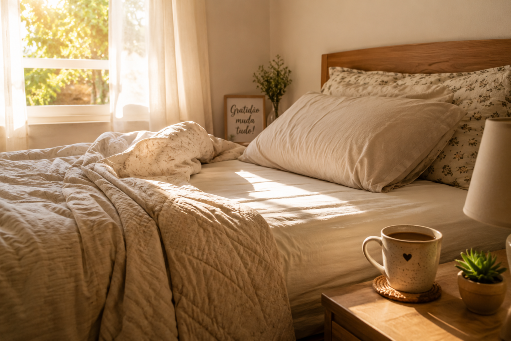 Cama de casal com lençóis claros sendo arrumada pela metade em um quarto iluminado pelo sol da manhã.