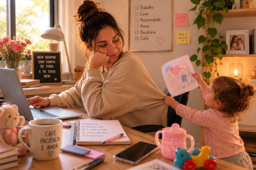 rotina-mae-trabalho-home-office-maternidade.jpg Mãe trabalhando no notebook em sua mesa de home office enquanto olha com carinho para a filha pequena que puxa sua blusa para mostrar um desenho colorido. Na mesa há uma caneca escrita "Café, Paciência e Amor", brinquedos e uma placa com a frase "Nem sempre dou conta de tudo. E tá tudo bem", ilustrando a realidade de conciliar maternidade e carreira.
