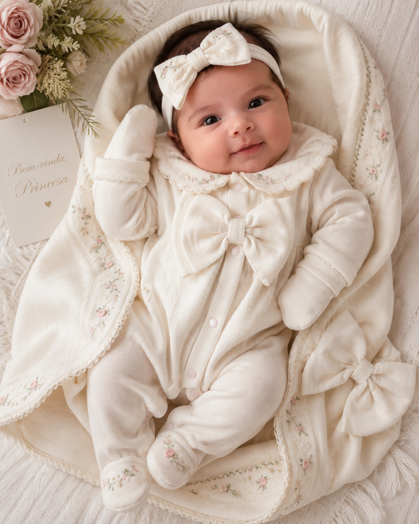 saída-maternidade-macacão Bebê recém-nascido sorrindo com os olhos abertos, vestindo saída de maternidade luxuosa de tricô off-white com laço estruturado e tiara de laço combinando.
