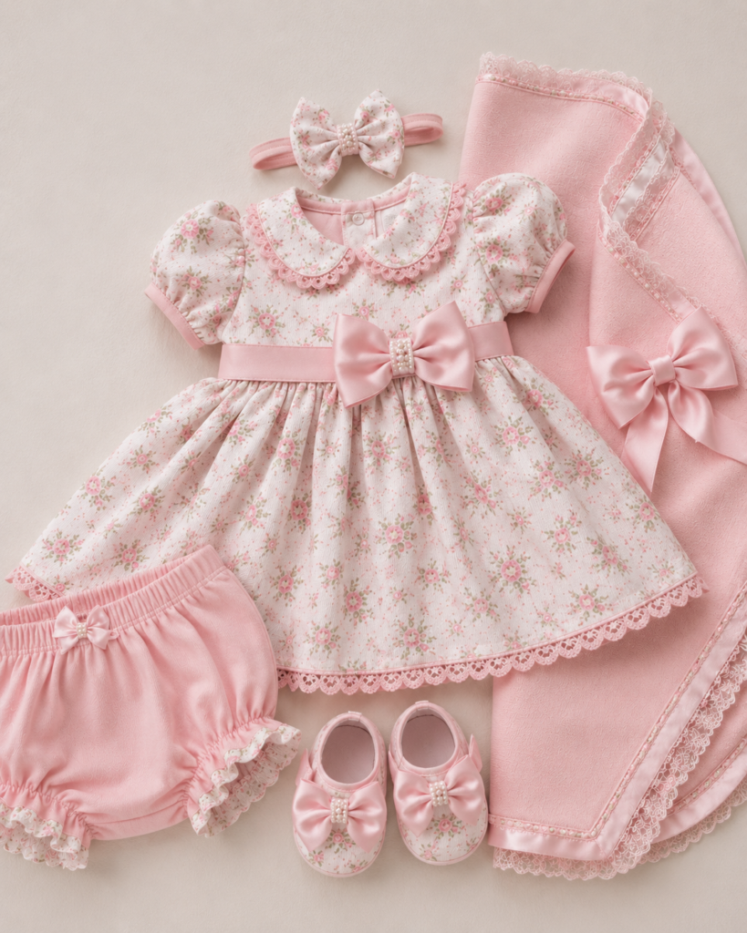 saída-maternidade-vestido Kit de saída de maternidade rosa com estampa floral delicada exibindo vestido rodado com gola boneca, tapa-fralda bufante com renda, sapatinhos de cetim, tiara de laço pequeno e manta rosa combinando.