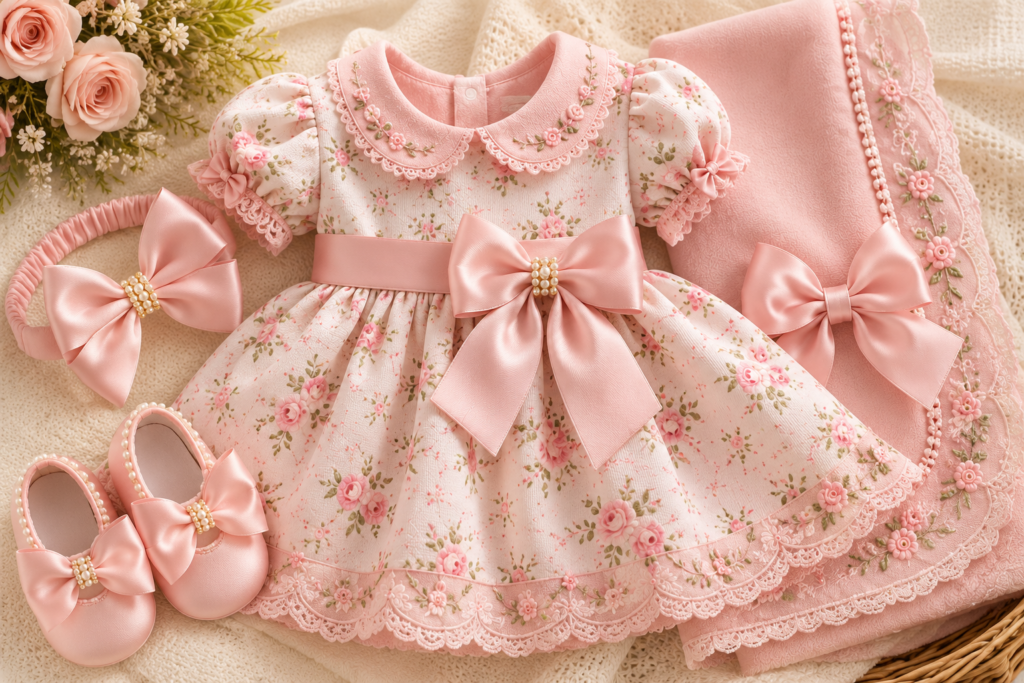 saída-mternidade-vestido-laço Conjunto de saída de maternidade para menina em tom rosa pastel com estampa floral delicada, vestido rodado com laço de cetim e pérolas, sapatos de cetim combinando, tiara de laço e manta com bordados na borda.