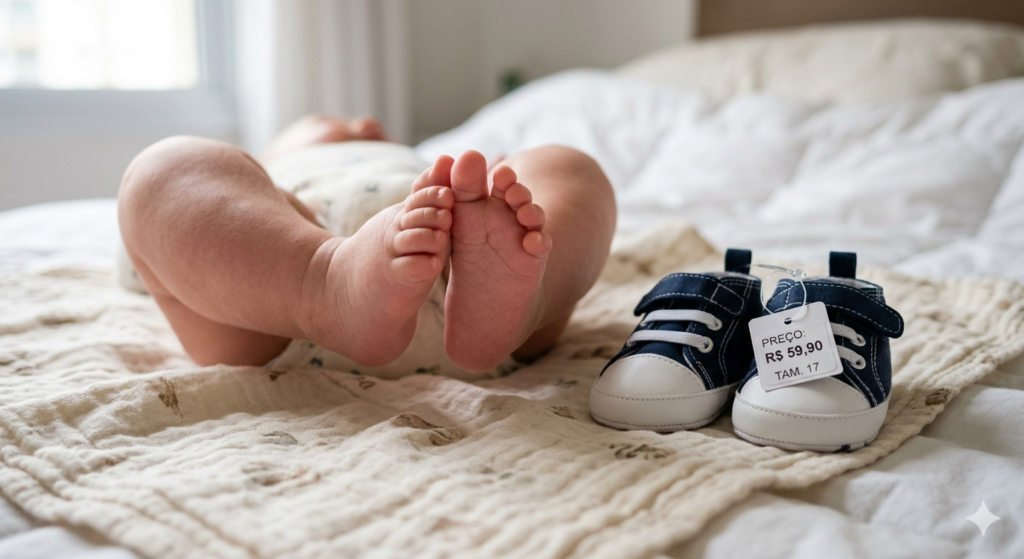 sapato-inutil-enxoval-recem-nascido.jpg Fotografia em plano detalhe focada nos pezinhos gordinhos e descalços de um bebê deitado de costas em um lençol macio. Ao lado dos pés do bebê, um mini tênis infantil rígido e estruturado está largado de forma despretensiosa sobre o colchão, exibindo uma etiqueta de preço branca ainda presa ao calçado, ilustrando o contraste entre o conforto e os itens inúteis do enxoval.