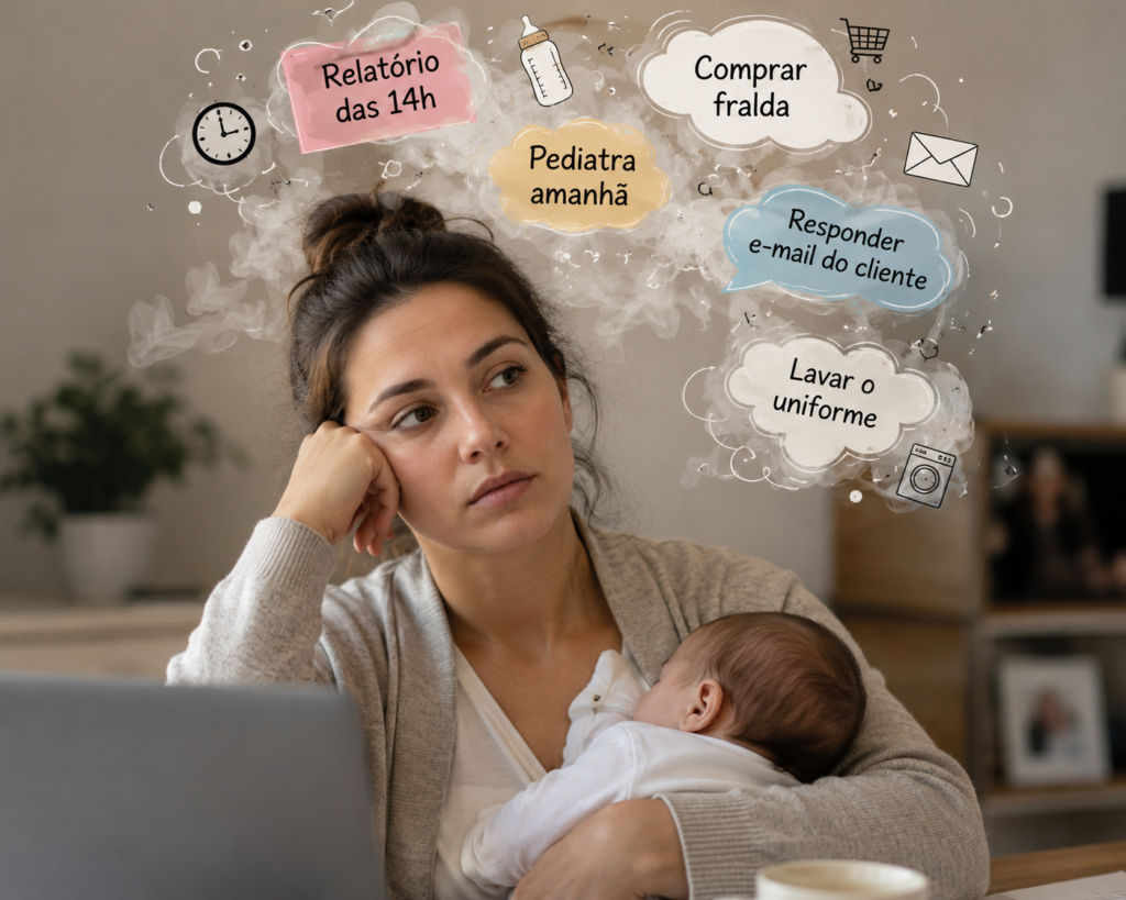 sobrecarga-mental-e-burnout-materno-home-office.jpg Fotomontagem de uma mãe exausta trabalhando no notebook em home office enquanto segura o bebê no colo. Balões de pensamento flutuam ao redor de sua cabeça com tarefas como "Relatório das 14h", "Pediatra amanhã", "Comprar fralda", "Responder e-mail" e "Lavar o uniforme", ilustrando a sobrecarga mental e os sinais de burnout materno.