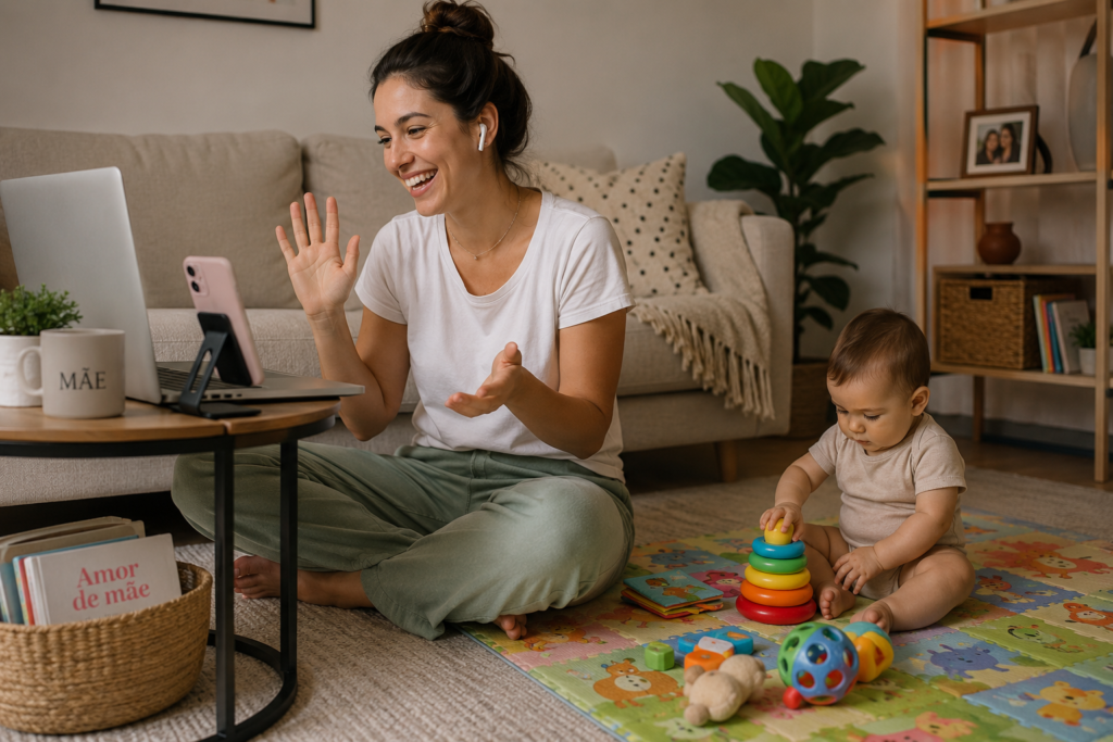 solidao-na-maternidade-rede-apoio.jpg Mãe sorrindo enquanto faz uma chamada de vídeo usando fones de ouvido no chão da sala de estar. O bebê brinca de forma segura em um tapete de atividades ao lado dela, mostrando uma estratégia para combater a solidão na maternidade.