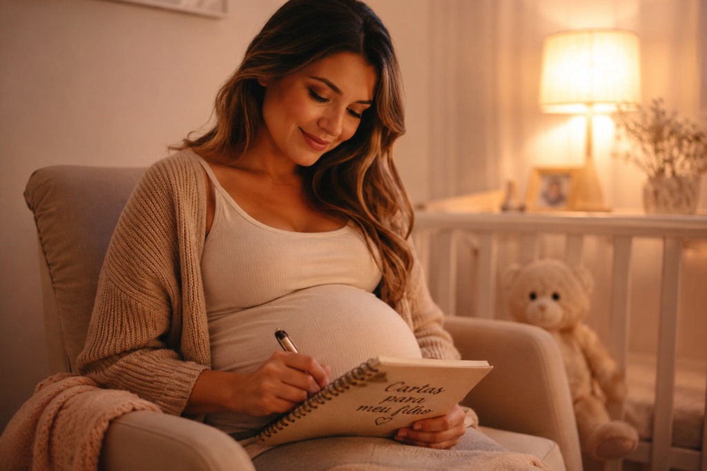 Mulher grávida sentada em uma poltrona escrevendo cartas para o filho em um caderno, em um quarto de bebê aconchegante e iluminado por luz suave.