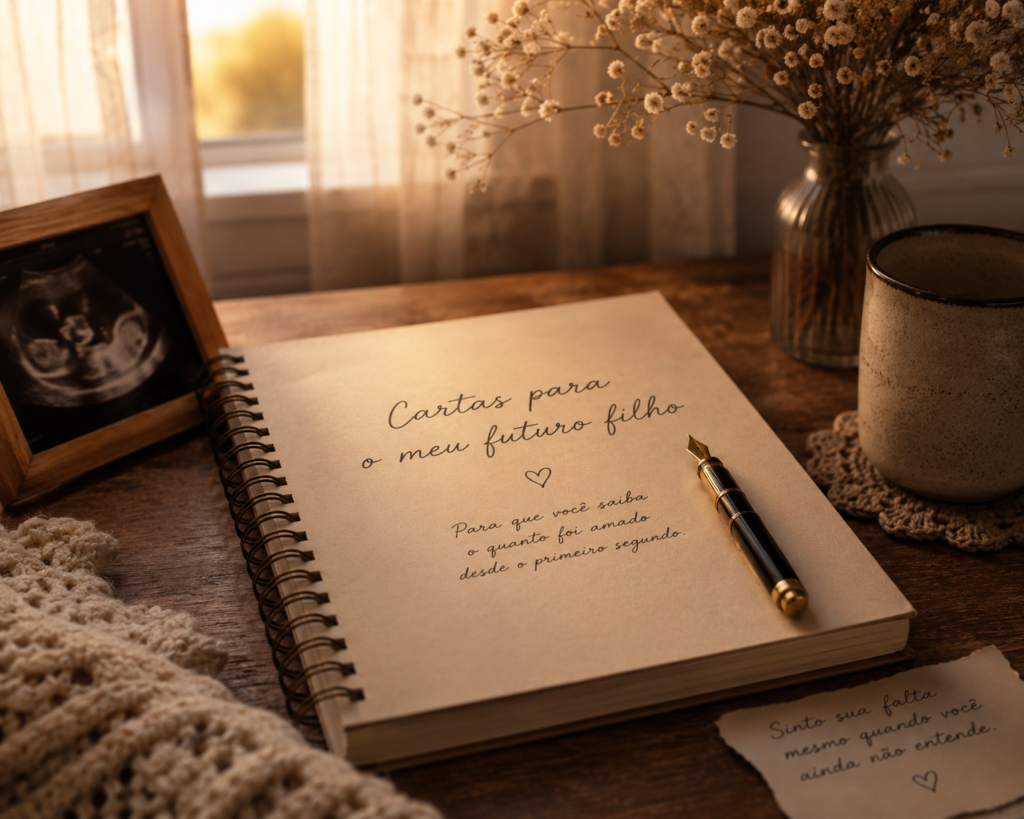 Caderno aberto sobre uma mesa de madeira com uma caneta tinteiro, flores secas e iluminação aconchegante, representando cartas e memórias para um filho.