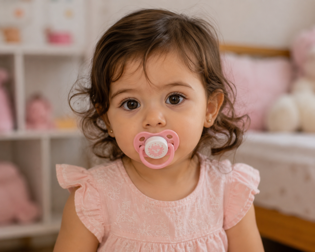 Criança de aproximadamente 2 anos usando chupeta rosa, representando o hábito de sucção antes da retirada da chupeta.